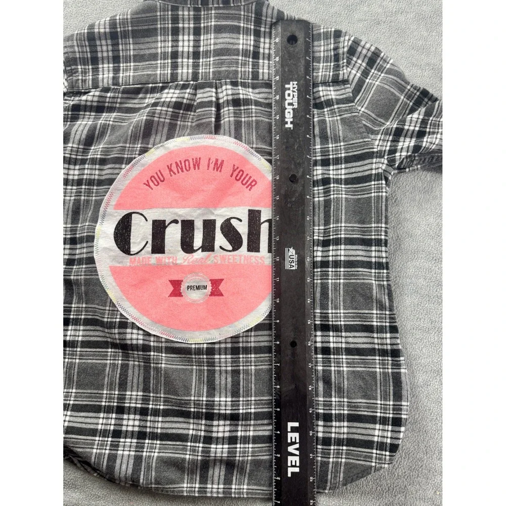 Grey Plaid Flannel Button Down Shirt Back Crush Graphic Patch Long Sleeve Small‎